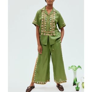 1.9 Camicetta ricamata con stampa di lino allentata casual per le vacanze o pantaloni larghi con coulisse Set verde da donna