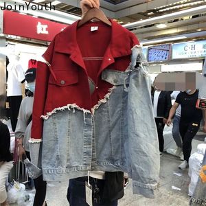 2023 Ropa Mujer Уличная женская джинсовая куртка в стиле пэчворк Винтажные куртки Y2k Топы контрастного цвета с отверстиями Harajuku пальто большого размера 240108