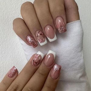 Unghie finte testa quadrata francese finto staccabile di media lunghezza indossabile manicure stampa su punte per unghie a copertura completa ragazza