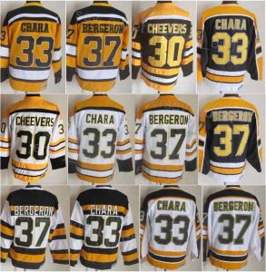 Men CCM Hockey Retro 30 Gerry Cheevers Jersey 33 Zdeno Chara 37 Patrice Bergeron Vintage Classic 75Th Anniversary All Stitched Black White 36