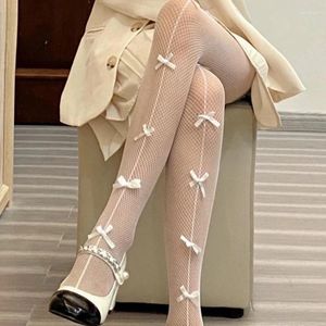 Women Socks Lolita Girls Bowknot Hollow Out Pantyhose For Sexy Thin Sweet Lace Tights Anime Black White Fishnet Silk Stockings