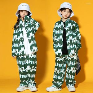Stage Wear Boys Hip Hop Green Printed Shirt Joggers Girls Letters Blouse Street Dance Loose Pants Kids Streetwear Children Jazz Clothes