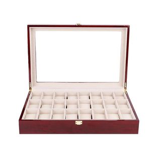 Ringar 24 slots Red Bright Lacquer Wood Watch Box Organizer Large Watch Smycken Display Box Pillows Case Wood Gift