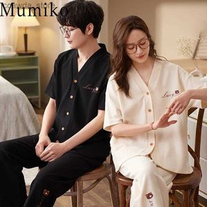 Masculino sleepwear casal cardigan sleepwear verão manga curta calças compridas algodão pijamas conjunto para mulher moda mens loungewear jovens amantes pjs q240109