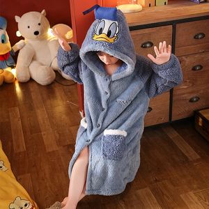 Kids Flannel Bathrobe Baby Girls Boy Cartoon Hooded Pajamas Children Soft Bath Robe Nightgown Teenager Toddler Clothing 3-14Year 240108