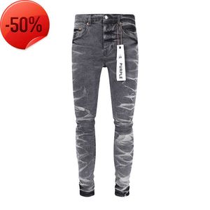 Roxo marca jeans masculino enrugado cinza moda calças dos homens roxo jeans streetwear rasgado calças compridas co
