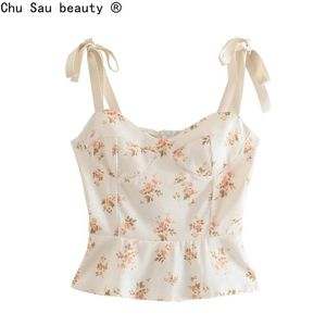 Camis 2021 French Prairie Chic Floral Print Crop Top Ruffle Sweet Hot Bow Laceup Wide Strap Vest Tightfitting Women Camisole