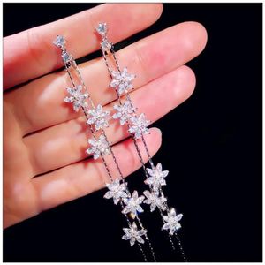 Earrings Drop Earrings For Women 925 Flower Cubic Zirconia Temperament Elegant Tassels Long Brincos Bridal Wedding Fine Jewelry