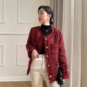 Autumn Winter Red Tweed Woolen Jacket Coat Women Single Breasted Double Pockets Fashion Runway Tassel Outwear 240109