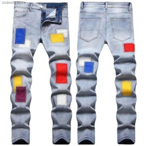 Dżinsy męskie Ehmd Men Dżinsy haftowane Rainbow Square Mtep Pure Cotton Elaste Slim Pants Scred White noszona High Street Fashion T240109