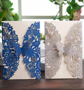 Wishmade 50pcs Glitter Laser Cut Cuting Wedding Invitations Karty z srebrnym królewskim niebieskim motylem koronkowym projektem kwiatów na przyjęcie urodzinowe 8544470