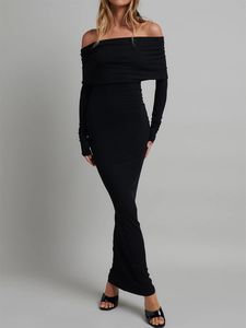 Lente Herfst Vrouwen Effen Zwarte Jurk Elegant Casual Mode Bodycon Slanke Off Schouder Maxi Lange 2023 240109