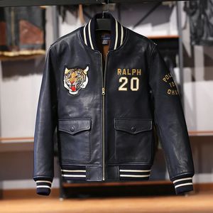 Men's top quality stand collar real leather jacket baseball tiger embroidery vegetable tanned sheep leather coat 240108