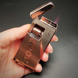 New Metal Windproof Straight Flame Lighter Roller Side-Slip Electronic Induction Creative Red Flame Adding Butane No Gas Men's Gift