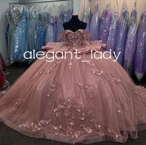 Rose Pink Off Shoulder Princess Quinceanera Dresses Long Sleeve Sparkly 3D Floral vestido 15 quinceaneras Chapel Train Prom