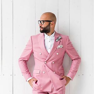 Summer Mens Suit Pink Double Breasted Peaked Lapel Wedding Groom Terno Fashion Blazer Masculino Casual Two Piece Jacket Pants 240108