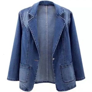 Spring Denim Suit Jacket Femme LongSleeve One Button Vintage Autumn Jeans Blazer Women Outerwear Cardigan Clothing 2023 240109