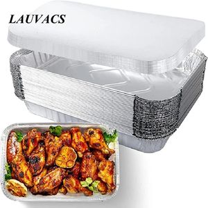 50st Rectangle aluminiumfoliebrickor med täcke engångs takeaway Pan Food Container för Take Out Restaurant 240108