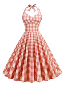 Casual Dresses 2024 Retro Pink Textured Plaid Evening Party Sexy Long Summer Women Halter Backless High Waist Vintage Swing Dress