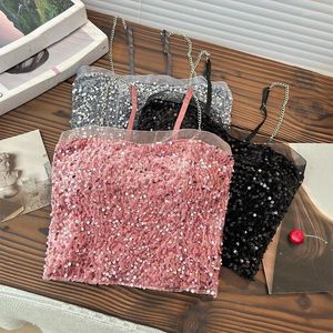 Women's Tanks Sequins Top Corset For Woman Spaghetti Strap Tank Women Camis Bling Boho Built In Bra Sweet Camisole Crop Tops Dropship