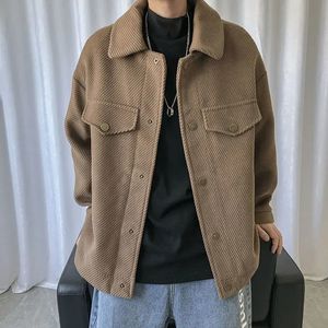 Korean Corduroy Jacket Men's Slim Fashion Retro Short Woolen Coat Men Streetwear Loose Autumn Casual Woolen Jacket Mens S-XL 240109