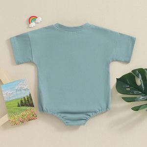 Rompers spädbarn baby flicka pojke romper outfit fast färgficka kort ärm besättning hals jumpsuits söta födda sommarkläder