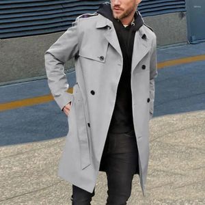 남자 트렌치 코트 남자 더블 가슴 윈드 브레이커 세련된 긴 코트 벨트 옷깃 칼라 포켓 가을에 맞는 슬림