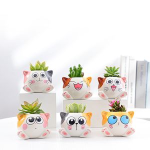 Toptan sevimli etli tencere kedi ekiciler hayvan seramik saksı karikatür karikatür kaktüs bitki kapları seti 6