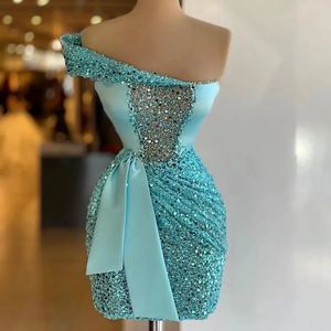 Stunning Blue Short Prom Dress 2024 One Shoulder Beaded Sequine Sheath Evening Party Gala Gowns Homecoming Wear Robe De Soiree