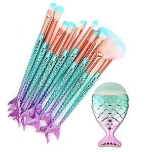 11 pçs conjunto de pincéis de maquiagem colorido peixe cauda em pó fundação sobrancelha delineador blush corretivo cosmético sereia brushes3665636