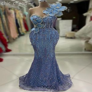 2024 Aso Ebi Sky Blue Mermaid Prom Dress Crystals Beaded Pearls Sexy Evening Formal Party Second Reception Birthday Engagement Gowns Dresses Robe De Soiree ZJ428