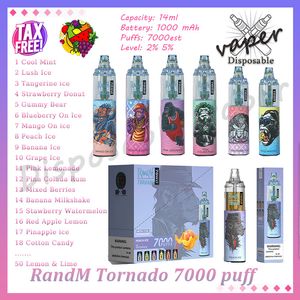 Oryginalny Randm Tornado 7000 Puff Do dyspozycji Vape Vape Cewka z siatki pióra 14 ml wstępnie wypełniona podkładka 1000 mAh Bateria 2% 5% Parowca 7K Puffs E papieros 50 Smaki w magazynie