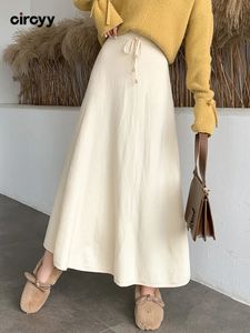Circyy трикотажная юбка женская осень-зима с высокой талией трапециевидной формы свободные однотонные юбки элегантная мода длинная юбка на шнуровке с оборками 240104