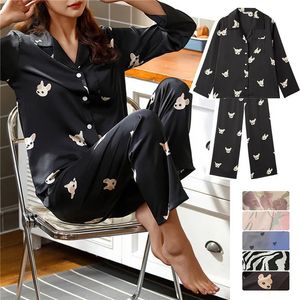 Kvinnor Vneck Satin Pyjama Ställer in långärmad toppbyxor Silk Home Suit Spring Autumn Elegant Temperament Tryckt Sleepwear M2XL 240108
