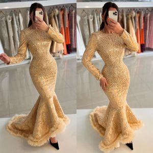 Gold Mermaid aftonklänningar Eleganta långa ärmar paljetter Party Prom Dress Long Dresses för speciella tillfällen