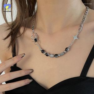 Hänge halsband mode flicka kvinnor rostfritt stål halsband svart spindel med glänsande stjärnglaspärlor klavikel tröja kedja konst