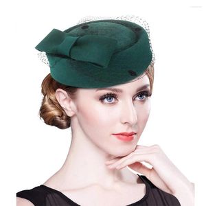 Berets mulheres lã arco chapéu com véu cashmere aeromoça boné para inverno estilo celebridade festa de casamento fascinator senhoras