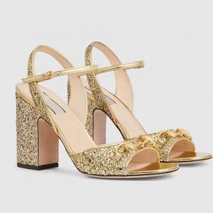 Sequin Sandals Women Designer 6.5/9.5cm High Heels Mid-heel Sandal Slingbacks Chain Buckle Ankle Calfskin Leather Bottom Gold-toned Hardware Luxury Dress Shoes