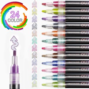 Conjunto de canetas de contorno de linha dupla, 24 cores, cor metálica, marcador mágico, para arte, pintura, escrita, material escolar 240108