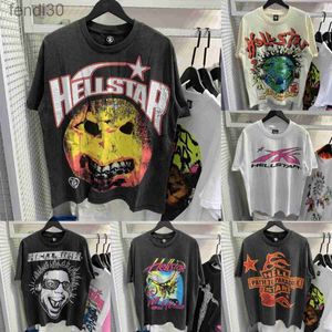 Hellstar T Shirt Tasarımcı Gömlek Grafik Tee Giyim Giysileri Yenilenmiş Kumaş Sokak Graffiti Yazı Folyo Baskı Vintage Siyah Gevşek Takım Artı Beden C81H