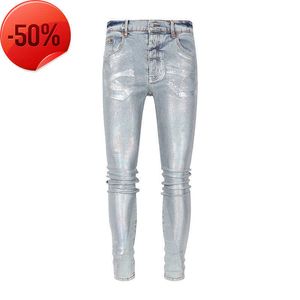 Designer Jeans Purple Jeans High Street Coated Silver Paint Distressed Men's Pants Men's Jeans Fashion Märke Purple Jeans