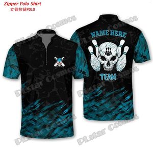 Men's Polos Personalized Multi Color Skull Bowling Jersey With Name 3D Printed Zipper Polo Shirt Summer Unisex Casual PO41