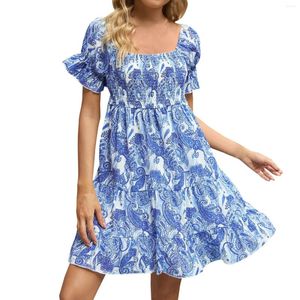 Casual Dresses Elegant Floral Print Chiffon Dress Women Summer Puff Short Sleeve Smocked Ruffles Ladies Loose Boho Party Vestidos