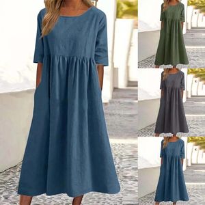 Vestidos casuais mulheres moda solta algodão e linho em torno do pescoço meio vestido para mulheres bonito com bolsos midi