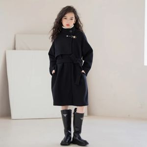 Cappotto invernale in lana per bambina Cappotto in tweed double face di media lunghezza per bambini Moda Nero 10 12 14 anni Capispalla per bambini adolescenti 240108