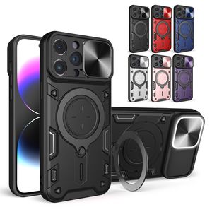 Slide Camera Lens Armor Shockproof Metal Ring Bracket Stand Magnetic Cases Heavy Duty Cover For iPhone 15 14 13 12 11 Pro Max 14 Plus Google Pixel 8 Pro