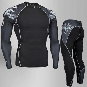 Underbyxor Komprimering Underkläder Men Winter Thermal Underwear MMA 3D Wolf Bodybuilding Tshirt Rashgarda Leggings 2 Piece Tracksuit Men