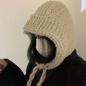 Oversize vintage artesanal inverno malha chapéu de lã engrossar coreia rendas até chapéu crânio algodão balaclava boné acessórios de natal 240108