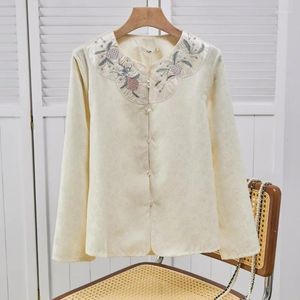 Women's Blouses Satin Embroidery Shirts Silk Chinese Style O-neck Ladies Clothing Fashion Long Sleeves Tops YCMYUNYAN