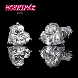 Stud Horripal 1.0-2.0CT Kalp Moissanit Stud Cupings D VVS1 Lab Diamond Pass Test Cihazı Gra S925 Gümüş El yapımı Takı Kadınlar için YQ240110